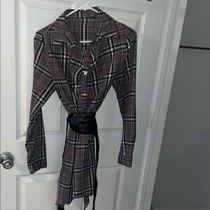 Plaid Button-Up Dress with Black Belt